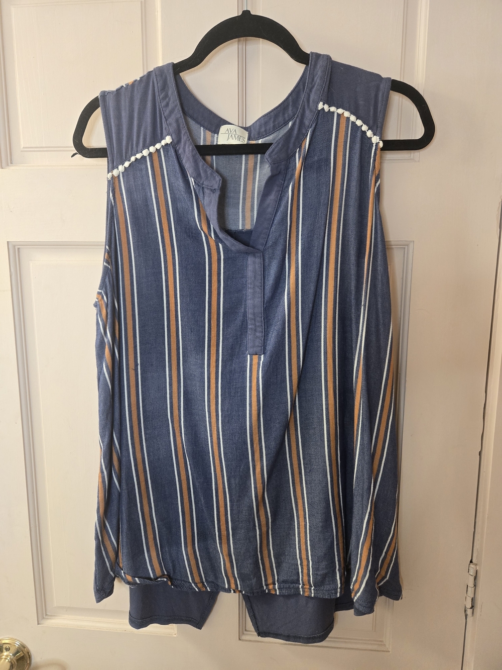 Ava James Navy Striped Sleeveless Split-Neck Blouse